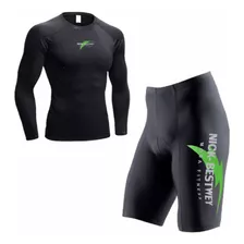 Conjunto Bermuda Com Forro Bike E Camisa Proteção Solar Uv