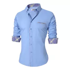 Camisa Manga Larga Diseño Exclusivo Puño Cuad Azul Claro