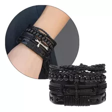 Pulsera Hombre Cuero Set 4 En 1 Brazalete Cruz Padre Nuestro