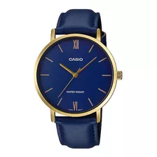 Reloj De Pulsera Casio Dress Mtp-vt01 De Cuerpo Color Dorado, Analógico, Para Hombre, Fondo Azul Oscuro, Con Correa De Cuero Color Azul, Agujas Color Dorado, Dial Dorado, Bisel Color Dorado Y Hebilla 