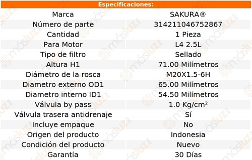 1) Filtro Aceite Nissan Murano 2.5l 4 Cil 16 Sakura Foto 4