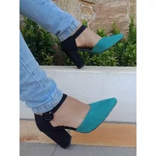 Calçado Feminino Bella Moça Scarpin Verde Com Preto Bloco