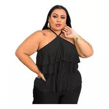 Blusa Feminina Amarrar Pescoço Regata Babado Frente Unica Gg