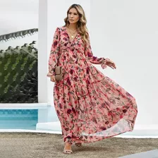 Maxi Vestido Dama Bohemio Playa Largo Manga Estampado Flores