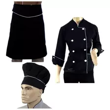 Dólmã Chef Feminino Preto+ Chapéu Toque Blanch+ Avental