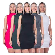 Kit 5 Vestido Feminino Tubinho Canelado Preto Varias Cores 