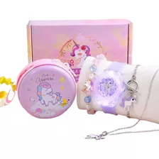 Kit Relógio Infantil Menina Unicórnio Com Led Pulseira Colar