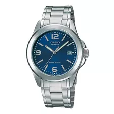 Reloj De Pulsera Casio Enticer Mtp-1215 De Cuerpo Color Plateado, Analógico, Para Hombre, Fondo Azul, Con Correa De Acero Inoxidable Color Plateado, Agujas Color Gris Y Verde, Dial Gris Y Verde, Minut