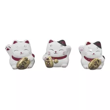 Trio Gato Da Sorte Porcelana Decorativa Maneki Neko Fortuna
