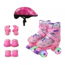 Patins Infantil Roller Feminino Rosa C/ Luz De Led