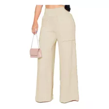 Calça Feminina Pantalona Cintura Alta Com Bolso Traseiro 