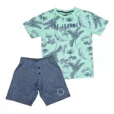 Conjunto Camiseta Verde Floral Bermuda Cinza Infantil Menino