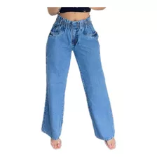 Calça Jeans Feminina Wide Leg Patalona C, Elastico Cintura