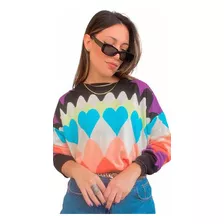 Blusa De Tricot Colorida Modal Frio Coração Blogueira 