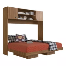 Cama Repisa Rebatible 2 Plazas Con Armario Estantes Puertas Color Montana