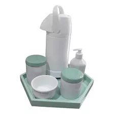 Kit Higiene Bebê Porcelana Pote Menino Verde Garrafa Pressão