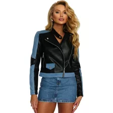 Jaqueta Feminina Couro Pu Jeans Planet Girls Motoqueira Moto