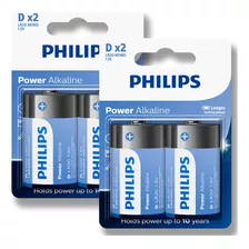 04 Pilhas Bateria D Philips Grande Alcalina Lr20 2 Cartelas