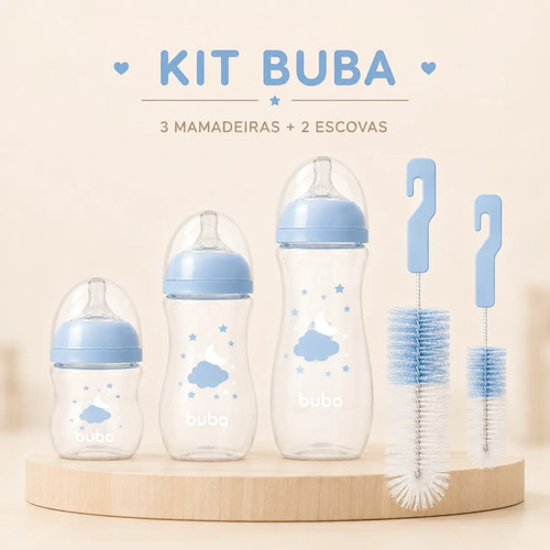 Kit 3 Mamadeiras Anticólica Buba Com 2 Escovas De Limpeza Azul-celeste Nuvem