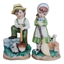 Antiguas Estatuillas De Niños Porcelana Policromada