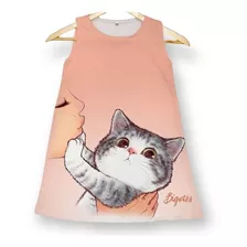 Vestido Niña Estampado Caricatura Gatico En Algodón 