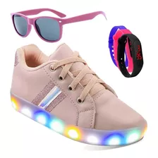 Tênis Casual Feminino Led Barato Glitter + Óculos + Relógio