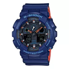 Reloj Pulsera Casio G-shock Ga100 De Cuerpo Color Azul, Analógico-digital, Para Hombre, Fondo Negro, Con Correa De Resina Color Azul Y Naranja, Agujas Color Naranja Y Negro, Dial Gris, Negro Y Naranja