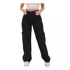 Ujeans Calça Pantalona Wide Leg Cargo Preta