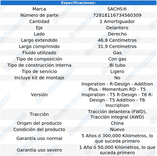 Amortiguador Gas Del Derecho Xc60 2.0l 4 Cil 16 Al 17 Sachs Foto 2