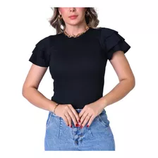 Blusa Malha Canelada Manga Babado Três Marias Blogueira