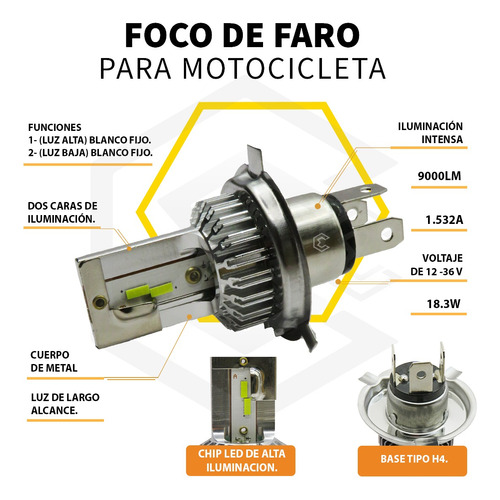 Foco Moto H4 12 Led Csp Alta Intensidad Cuerpo Metal 9000 T Foto 3