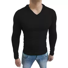 Blusa Masculina Com Capuz Gola V Rasa Manga Comprida