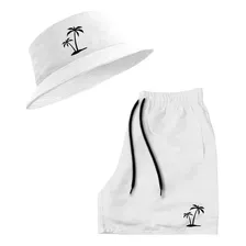 Kit Short Praia Masculino Ano Novo Branco + Chapeu Bucket 