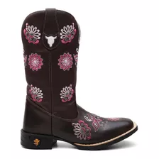 Bota Botina Texana Country Em Couro Feminina Mandala Rosa