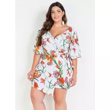 Macaquinho Floral Branco Com Saia Plus Size