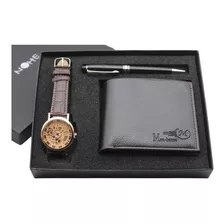 Set Para Hombre, Reloj, Cartera Y Pluma Elegante Color De La Correa Café/oro