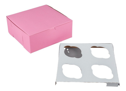 Caja De Carton Rosada Para 4 Cupcakes 20x20 Cm (12 Und)