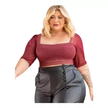 Cropped Plus Size Blusinha Manga Curta Tule Renda Bojo Festa