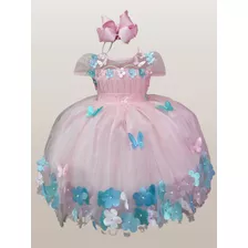 Vestido Jardim Luxo Infantil Rosa Com Aplique Borboleta 