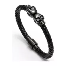 Pulsera Piel Cuero Trenzado Calavera Negra Acero Inoxidable