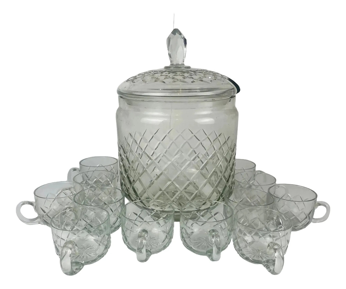 Poncheira Cristal Lapidado Vintage Com 12 Canecas Branco
