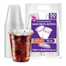 50 Vasos Desechables De Plástico Con Tapa Tipo Boquilla 16oz