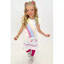 Vestido Infantil Kukie Branco Zé Nuvem Com Arco Iris Trolls