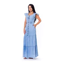 Vestido Longo Jeans Moda Evangelica Com Manga Sem Lycra 3894