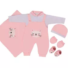 Conjunto Saída Maternidade Gato Bebê 100% Algodão 05 Peças