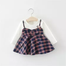 Vestido Infantil Bebe Outono Xadrez Manga Longa