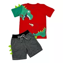 Conjunto Infantil Menino Camisa E Short Detalhes Dinossauro