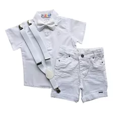 Conjunto De Batizado Bebê Menino Short Suspensório Rn A 12 M