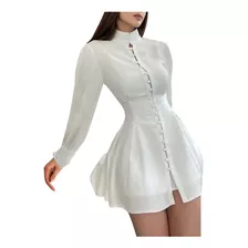 Vestido De Mujer Con Botones Cuello Redondo Manga Larga Slim