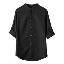 Camisa Siete Puntos Manga Hombre Lino Sin Cuello